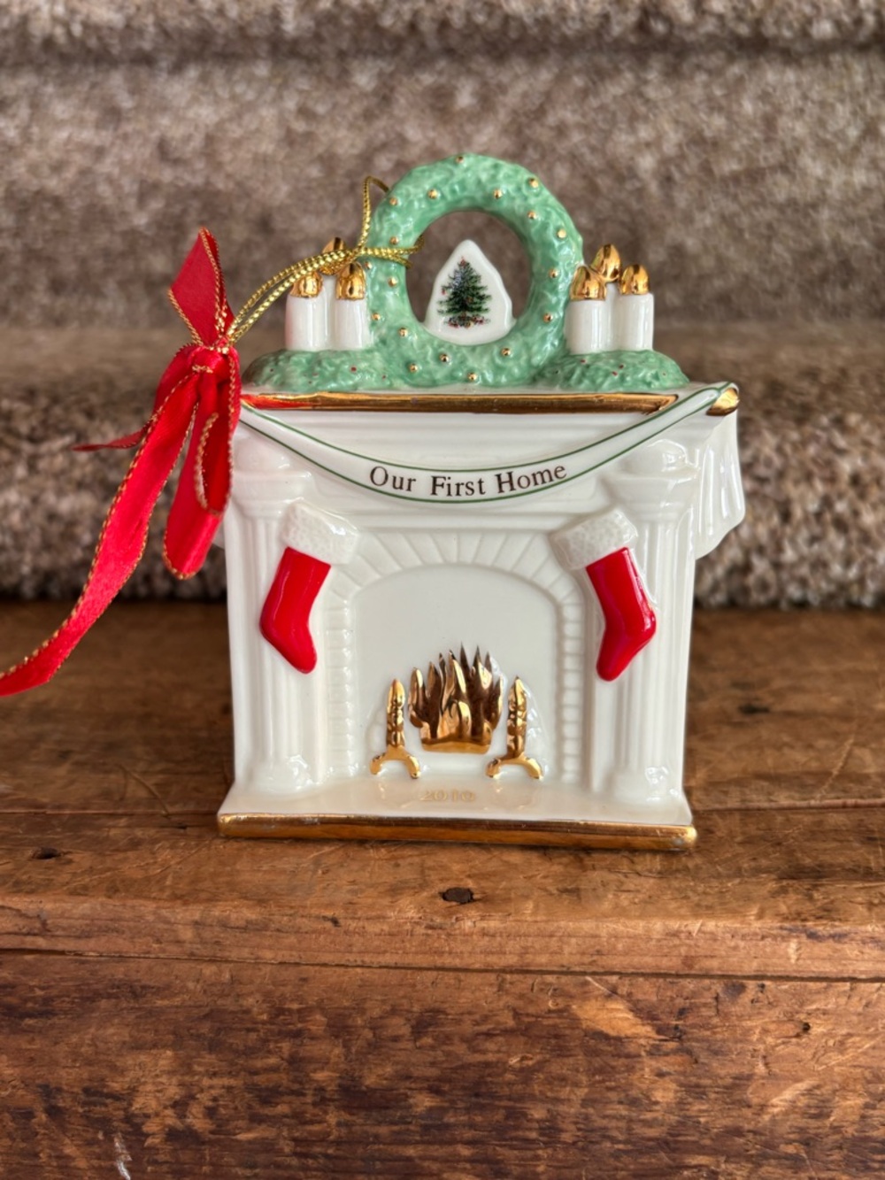Spode White Ceramic 'Our First Home' Fireplace Ornament with Red & Green Accents